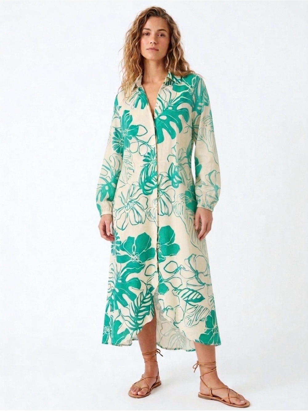 Peace Love World Boheme Linen Blend Floral Relaxed Fit Midi Dress - S